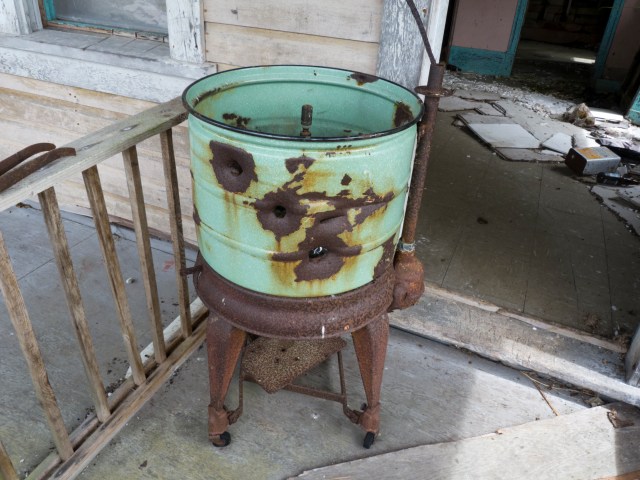 Bullet riddled rusting washtub